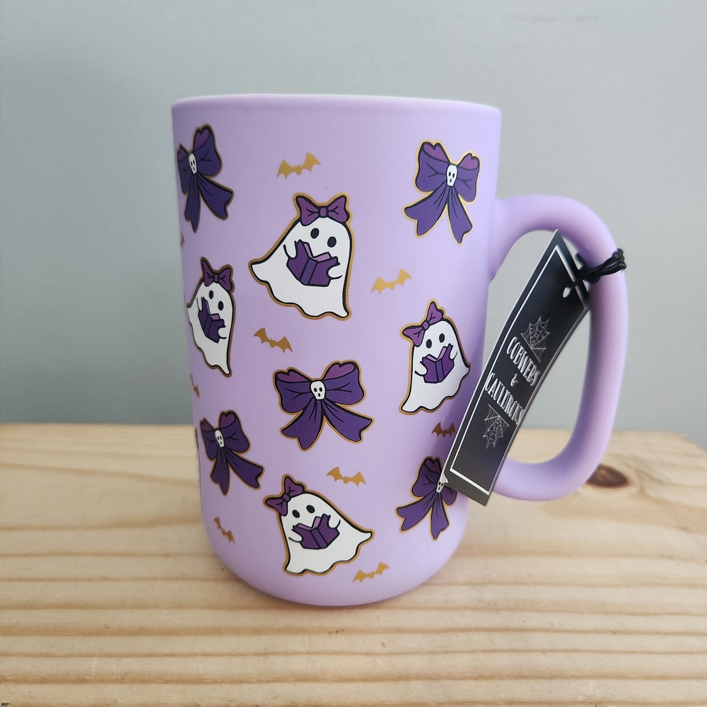 Purple Reading Book Ghost and Bow with Skull Mug - Soft Touch Ceramic NWT
